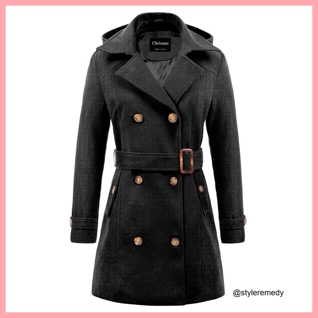 Double Breasted Pea Coat Hooded Long Winter Trench Coat Wool